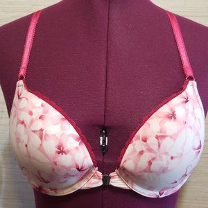 Adore Me Pink hybiscus lace racer T back bra Sz34B front clasp